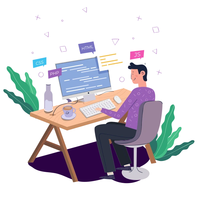 developer at a desk. using languages PHP, JS, CSS, and HTML
